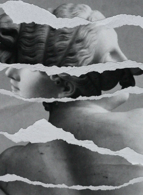 Collage de una escultura clásica rasgada